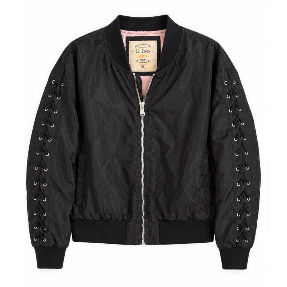 Ci Sono Originals Women's/Juniors XL Black Satin Bomber Jacket Lace-Up Sleeve